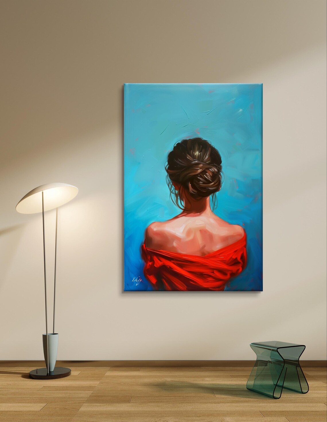 Woman in Red Off-Shoulder Dress Viewed from Behind Oil Art Poster - Image 5