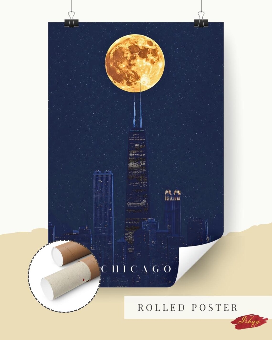 Chicago Skyline Night Full Moon Over Willis Tower City Poster - Image 7
