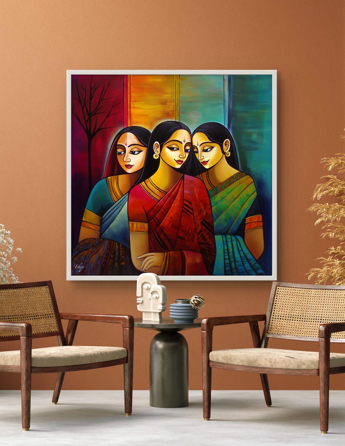Three Women in Sarees Bold Abstract Portrait Modern Art Poster - Image 2