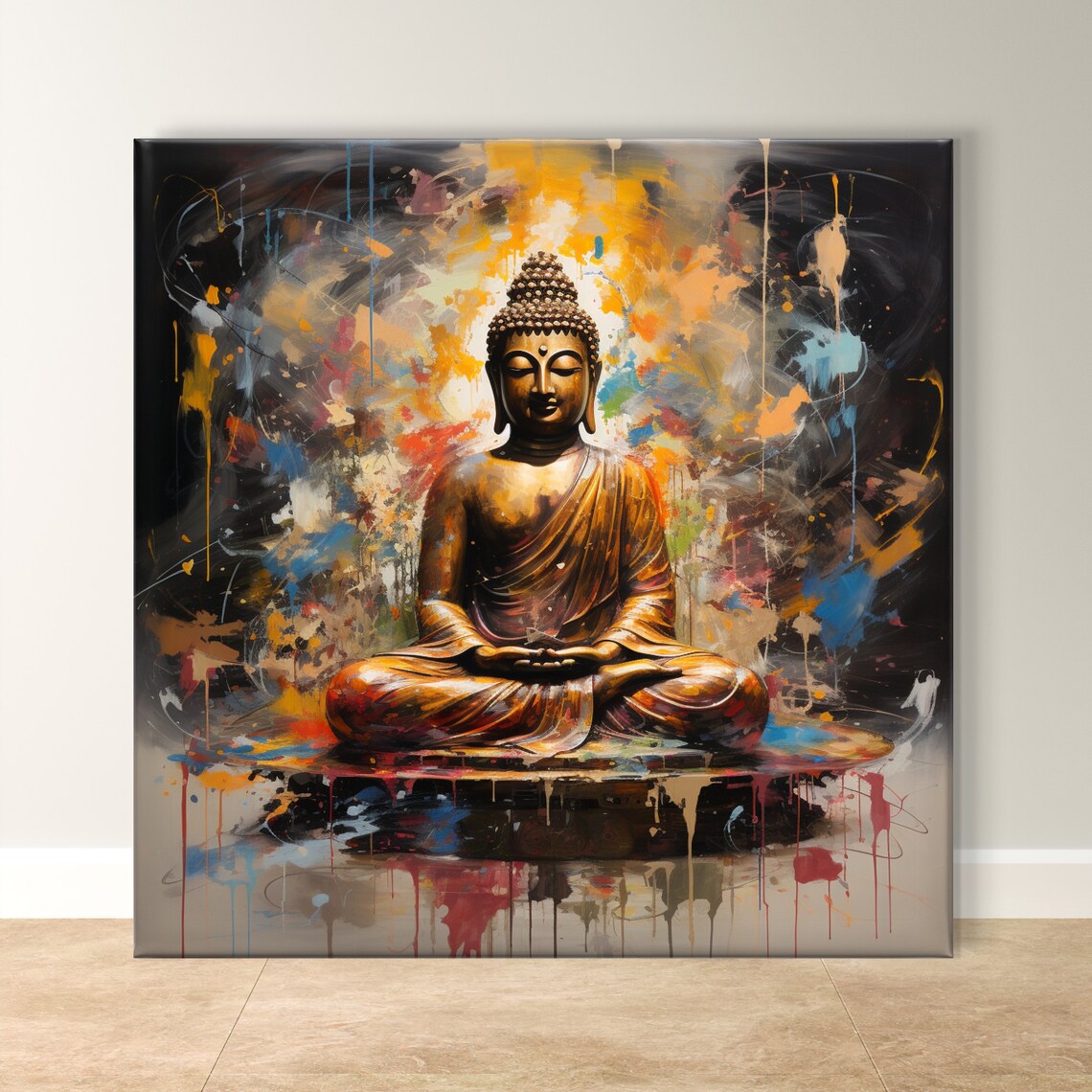 Golden Meditating Buddha Amid Vibrant Paint Splashes Spiritual Poster