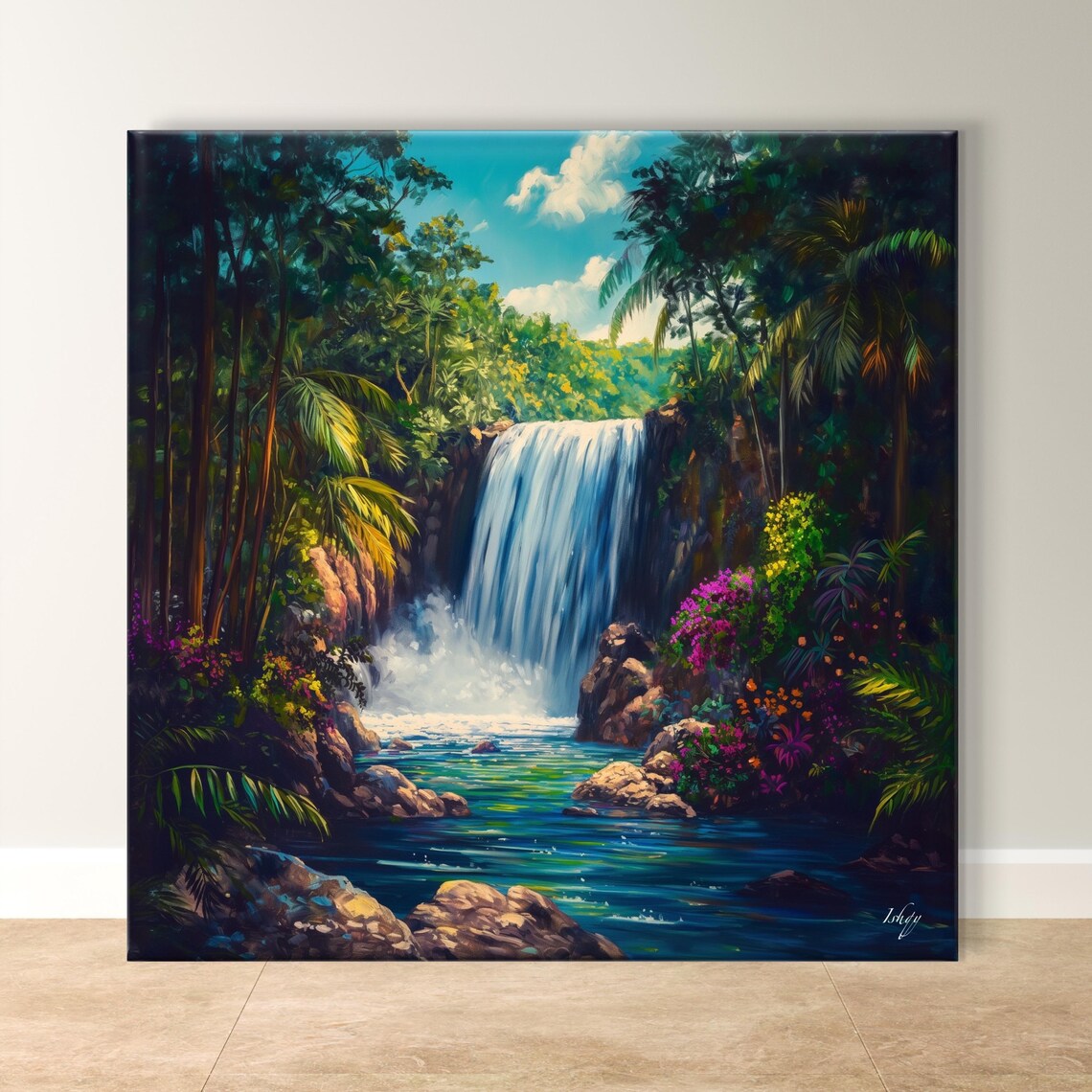 Tropical Jungle Waterfall with Lush Green Foliage Art Poster