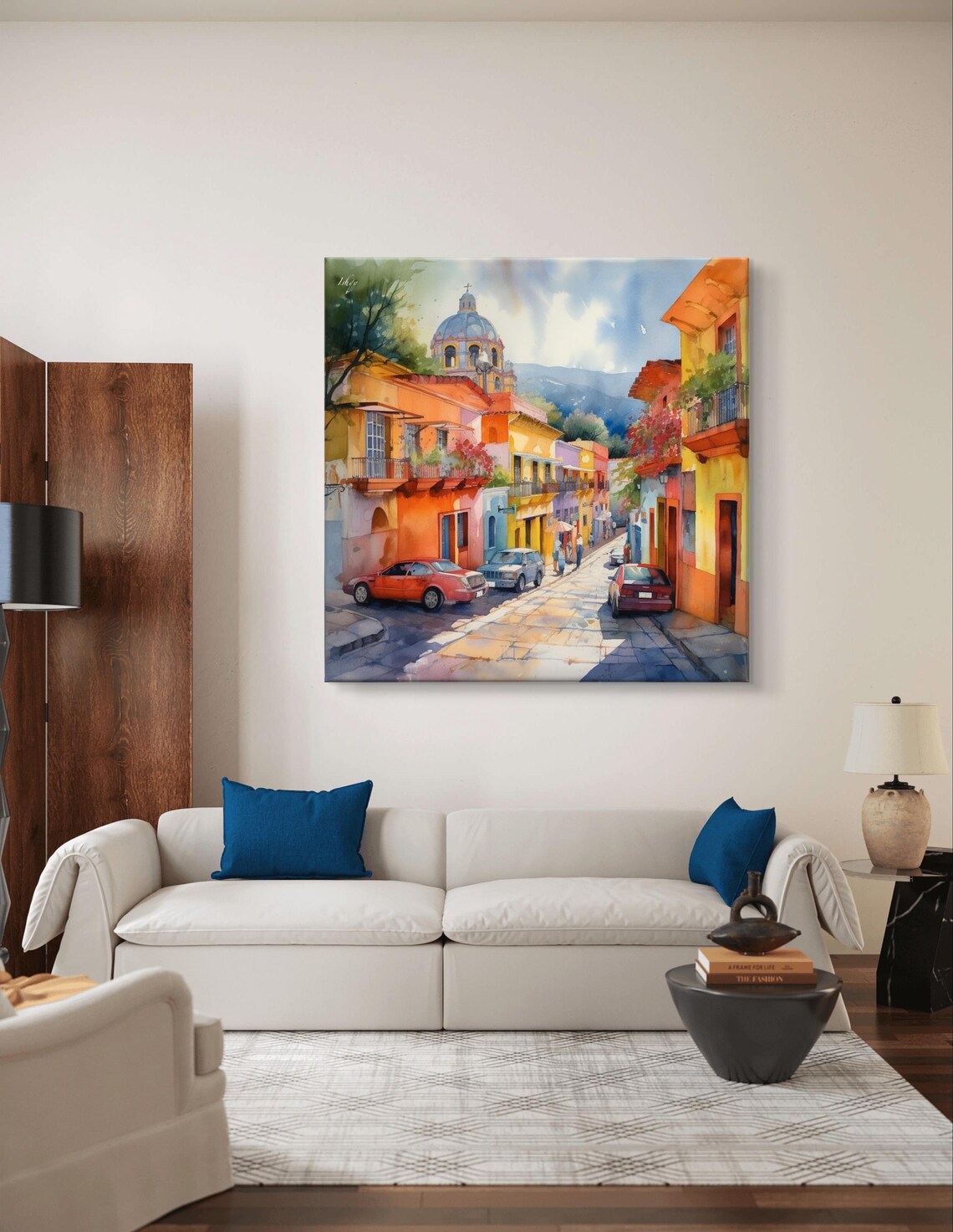 Jalisco Mexico Colorful Street with Church Dome Watercolor Poster - Image 4
