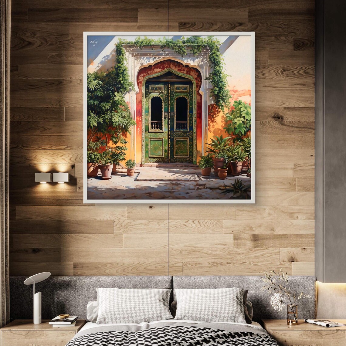 Green Carved Haveli Door Sunlit Arched Entrance India Art Poster - Image 3