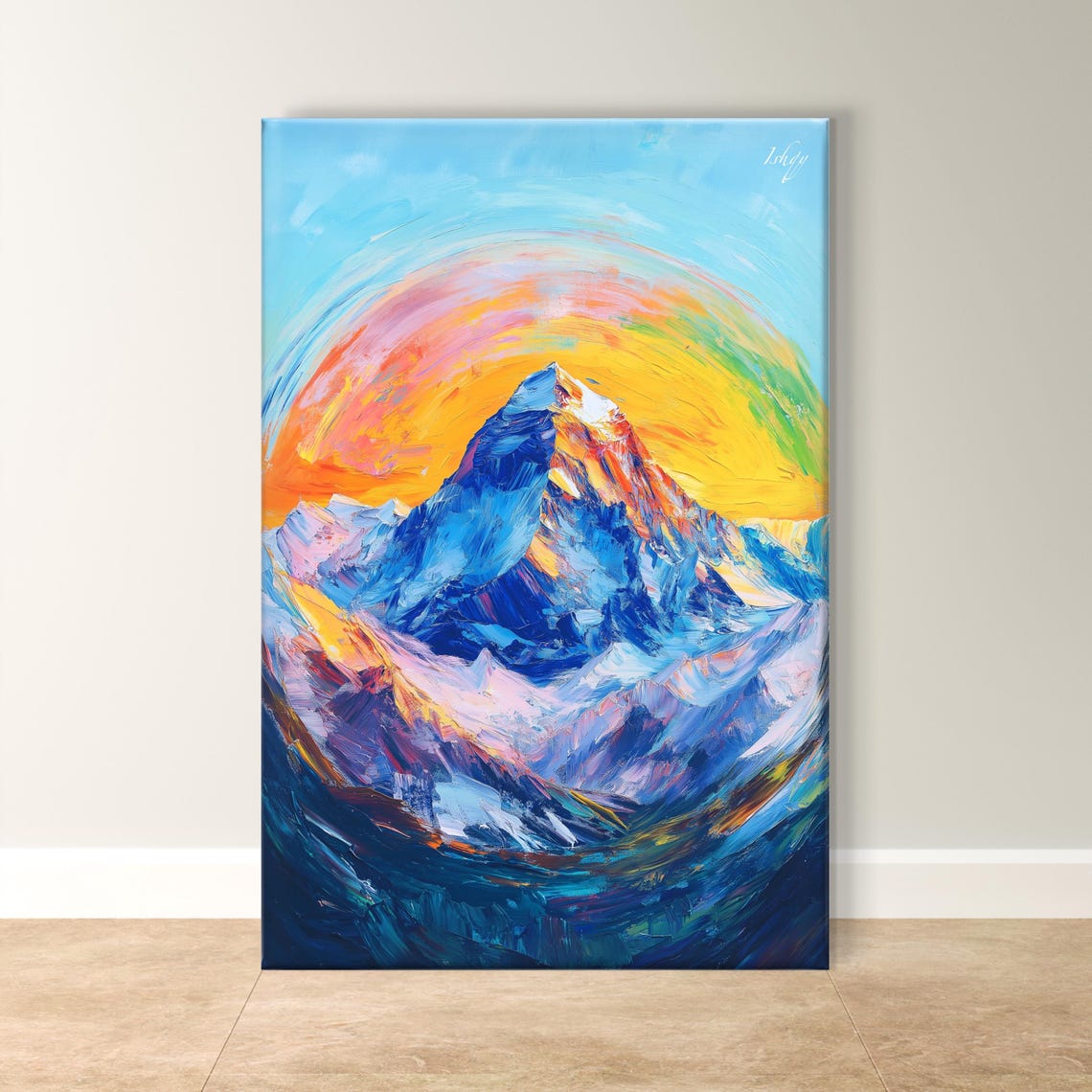 Snow Capped Mountain Peak Fiery Sunset Swirl Expressive Poster