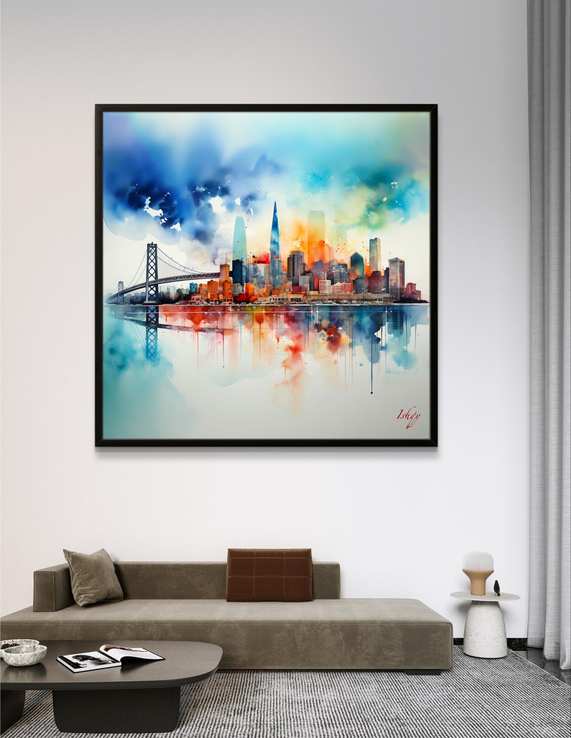San Francisco Skyline Watercolor with Bay Bridge Reflection Poster - Image 3