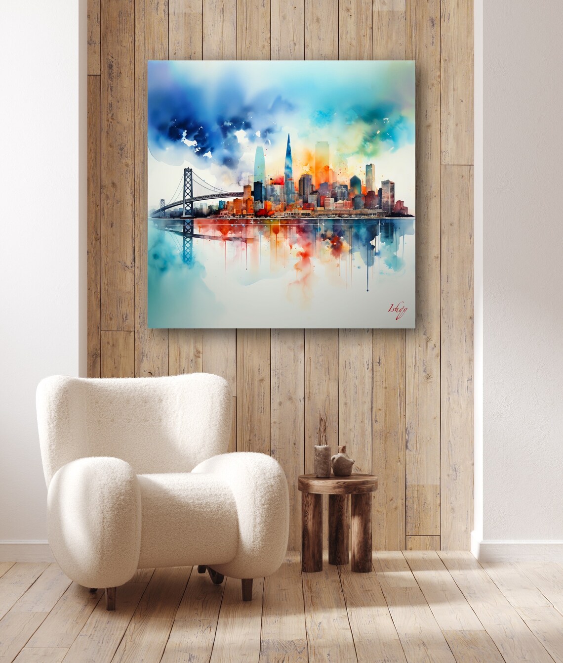 San Francisco Skyline Watercolor with Bay Bridge Reflection Poster - Image 6