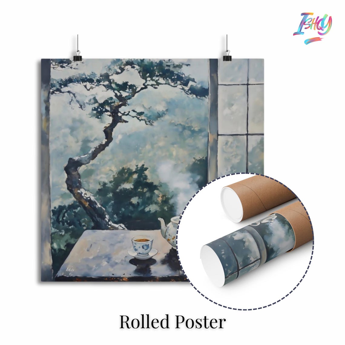 Serene Tea Time by the Window Pine Tree Mountain View Poster - Image 2