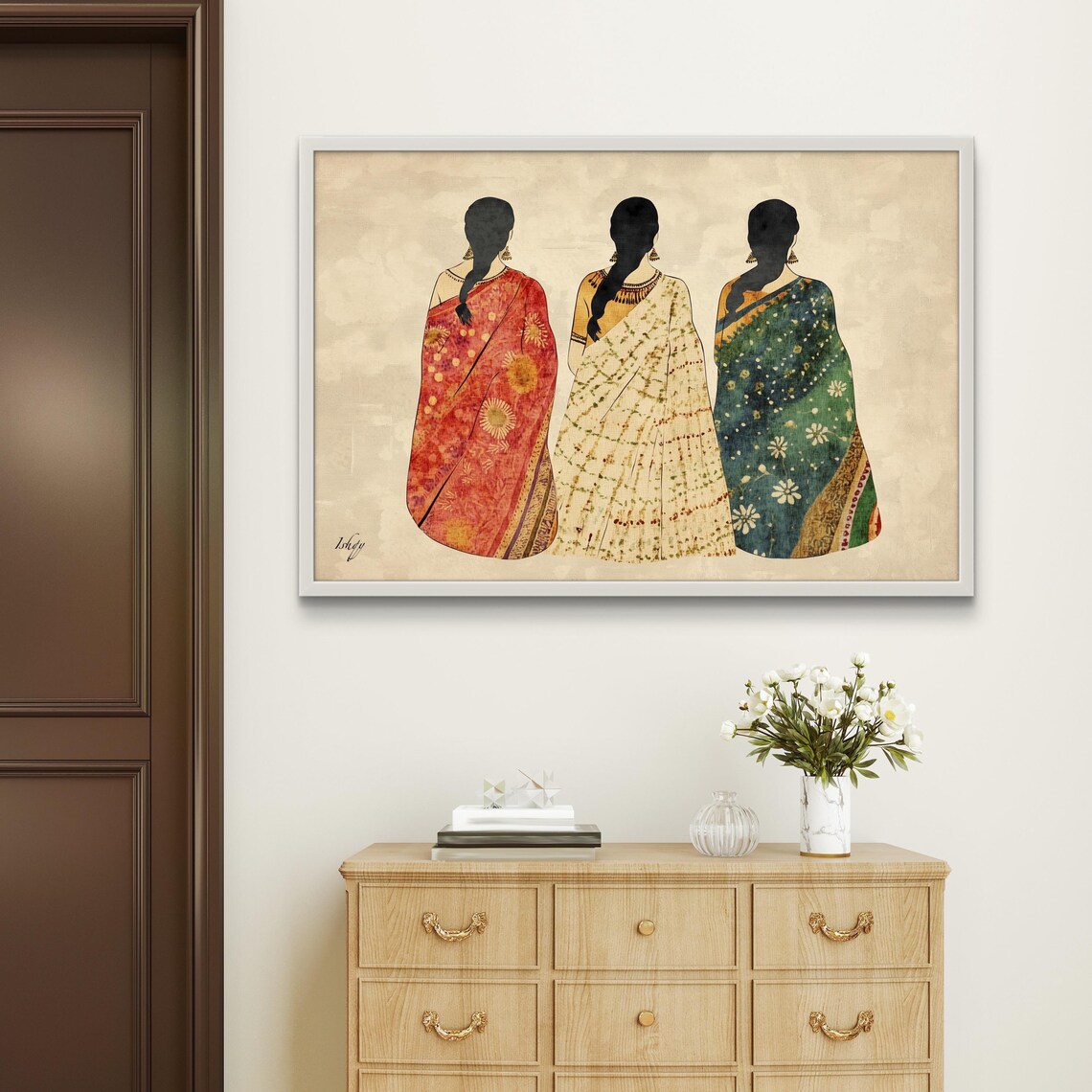 Three Graceful Women in Sarees Back View Indian Heritage Art Poster - Image 4