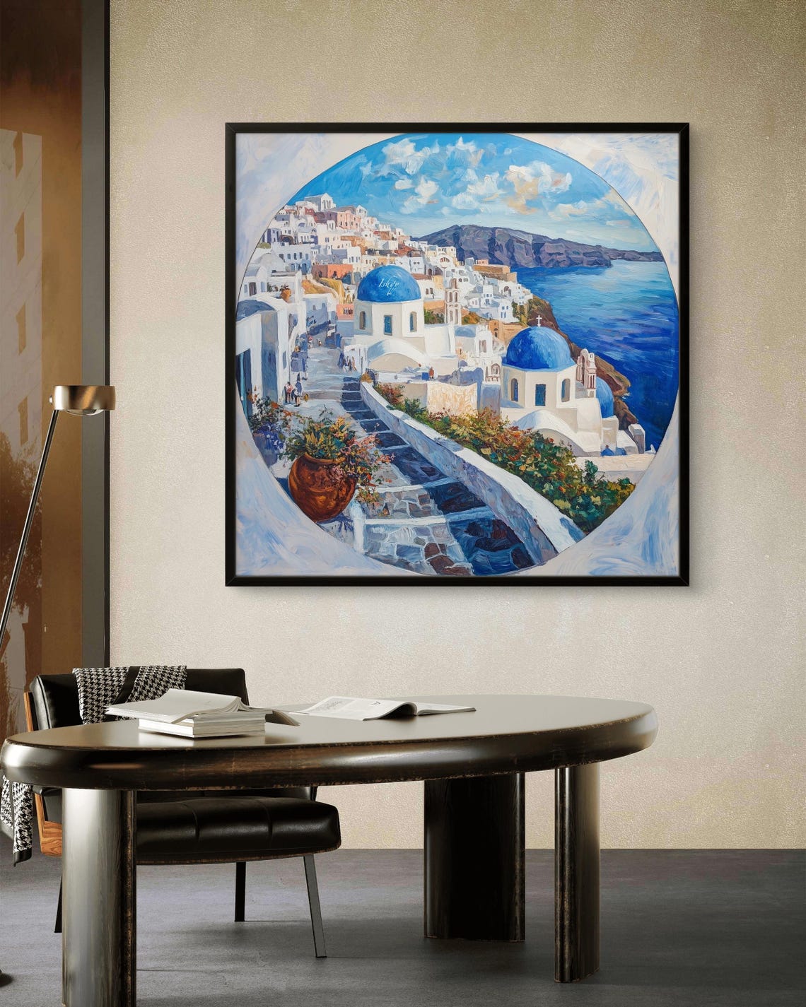 Santorini Greece Blue Domes Coastal Town Painting Art Poster - Image 2