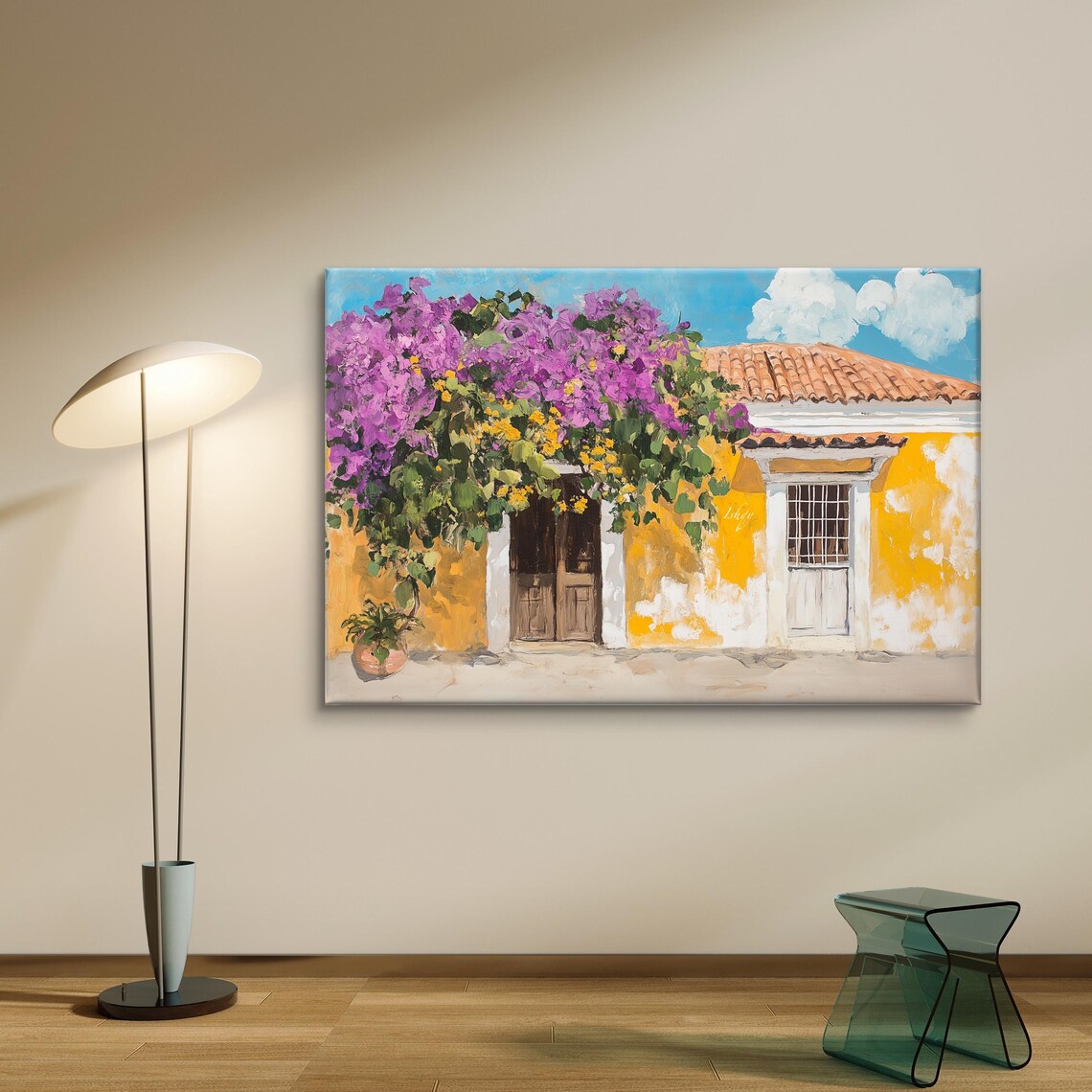 Yellow Colonial House Purple Bougainvillea Tropical Art Poster - Image 6