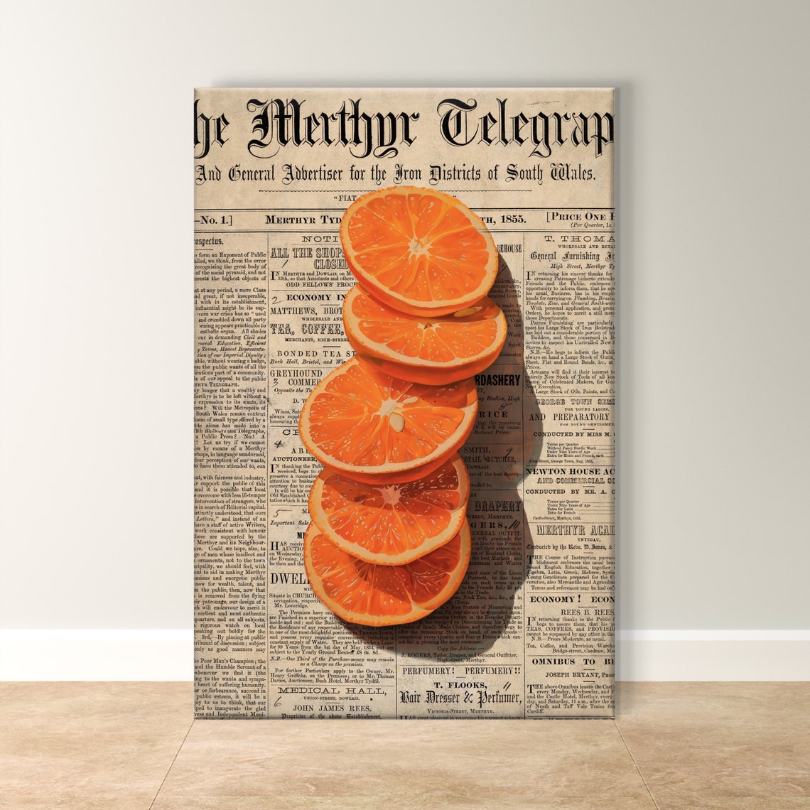 Sliced Orange Stack Vintage 1855 Newspaper Citrus Kitchen Art Poster