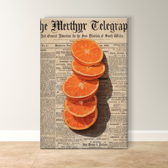 Orange And Tangerine Painting Print On Framed Citrus Fruit Wall Art Orange Decor Tangerine Artwork Newspaper Style Kitchen Decor