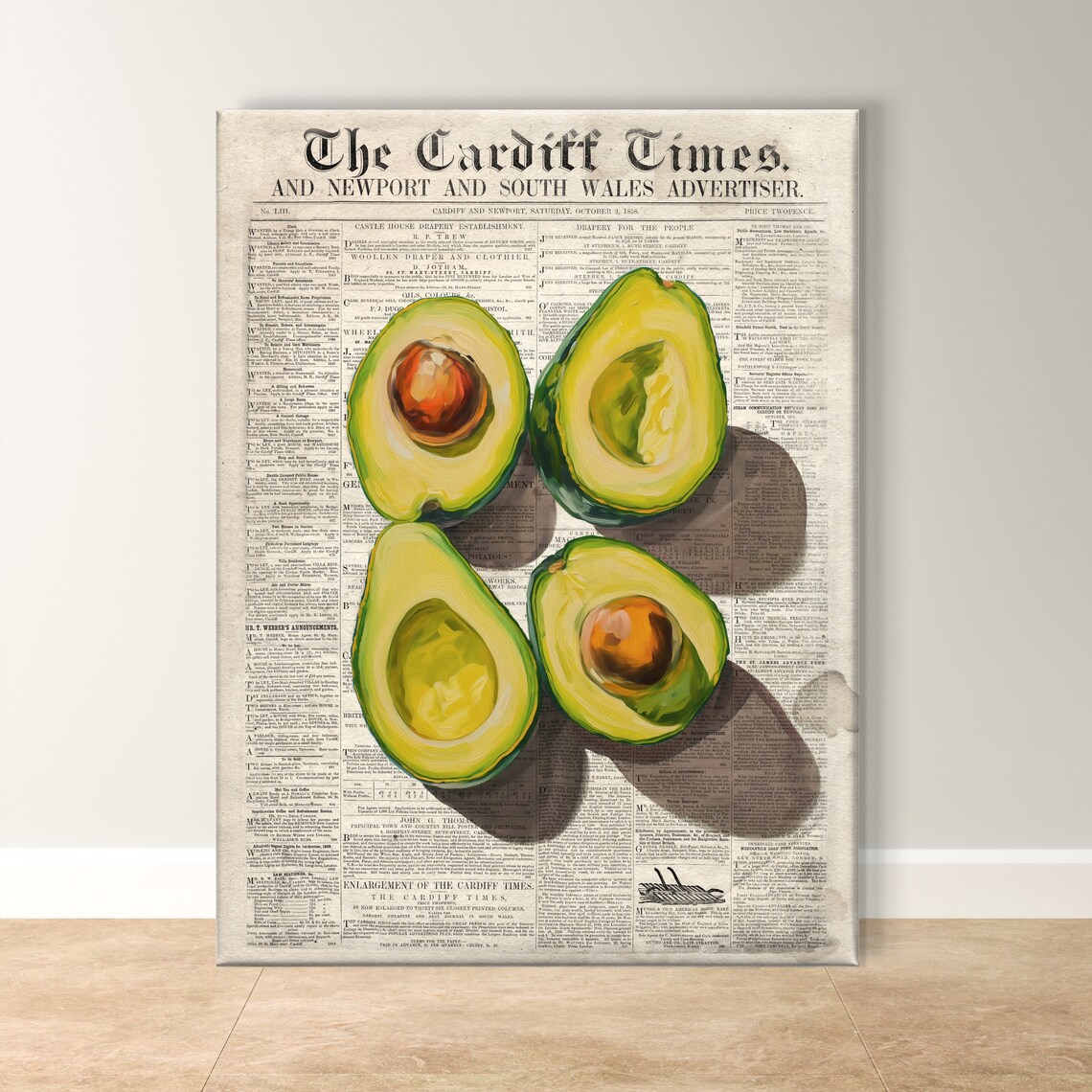 Avocado Newspaper Art Unique Kitchen Wall Decor Vintage Food Vibrant Culinary Artwork Rustic Farmhouse Style