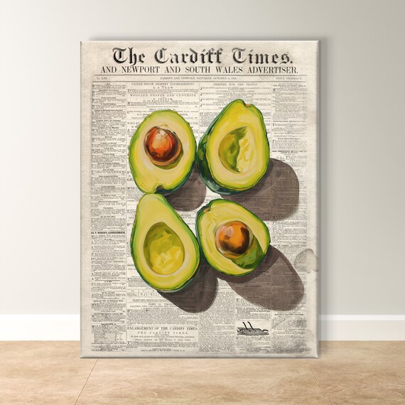 Avocado Newspaper Art Unique Kitchen Wall Decor Vintage Food Vibrant Culinary Artwork Rustic Farmhouse Style
