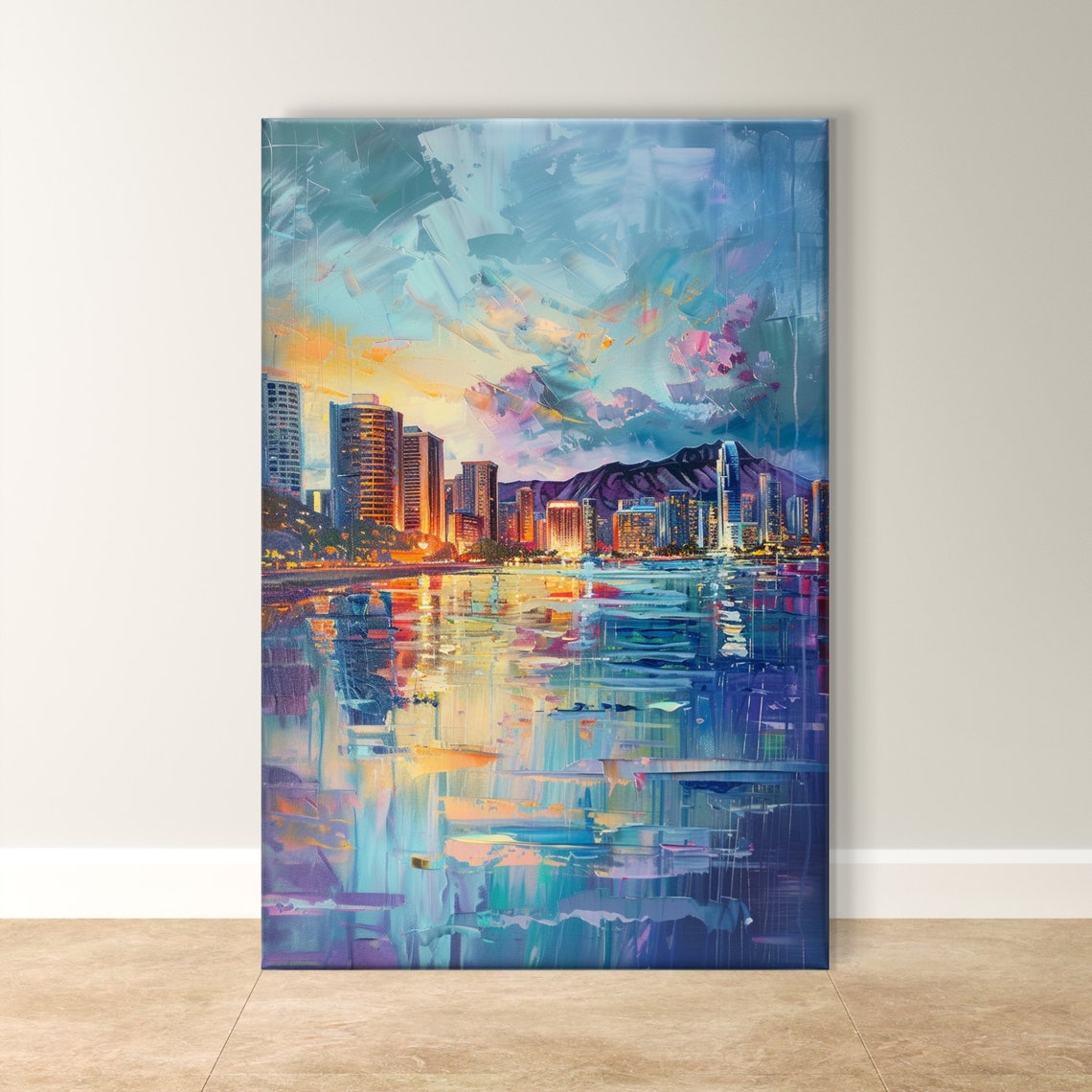 Honolulu Hawaii Skyline Diamond Head Ocean Sunset Reflection Poster