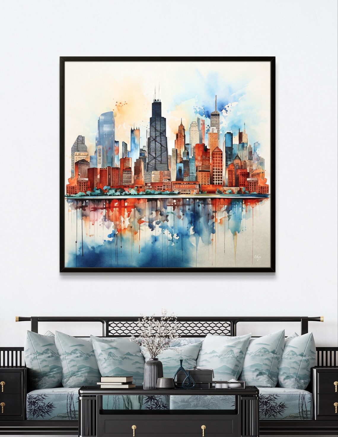 Chicago Skyline Watercolor with Reflective Water Mirror Art Poster - Image 3
