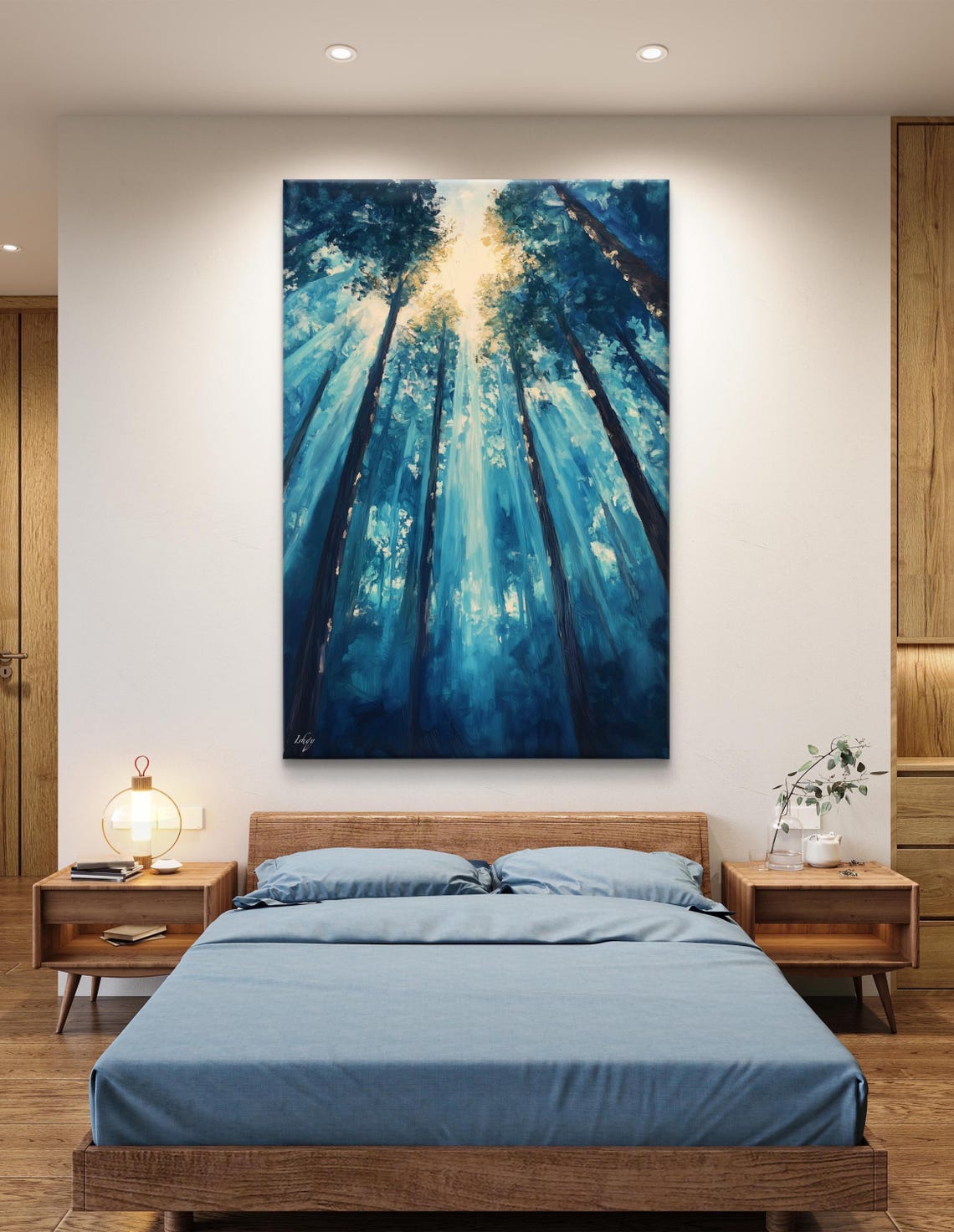 Forest Dawn Sunbeams Blue Pine Trees Magical Golden Light Poster - Image 5