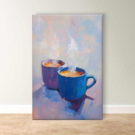 Coffee Lovers Wall Art Cozy Morning Print Blue Mug Painting Rustic Kitchen Decor Warm Beverage Artwork