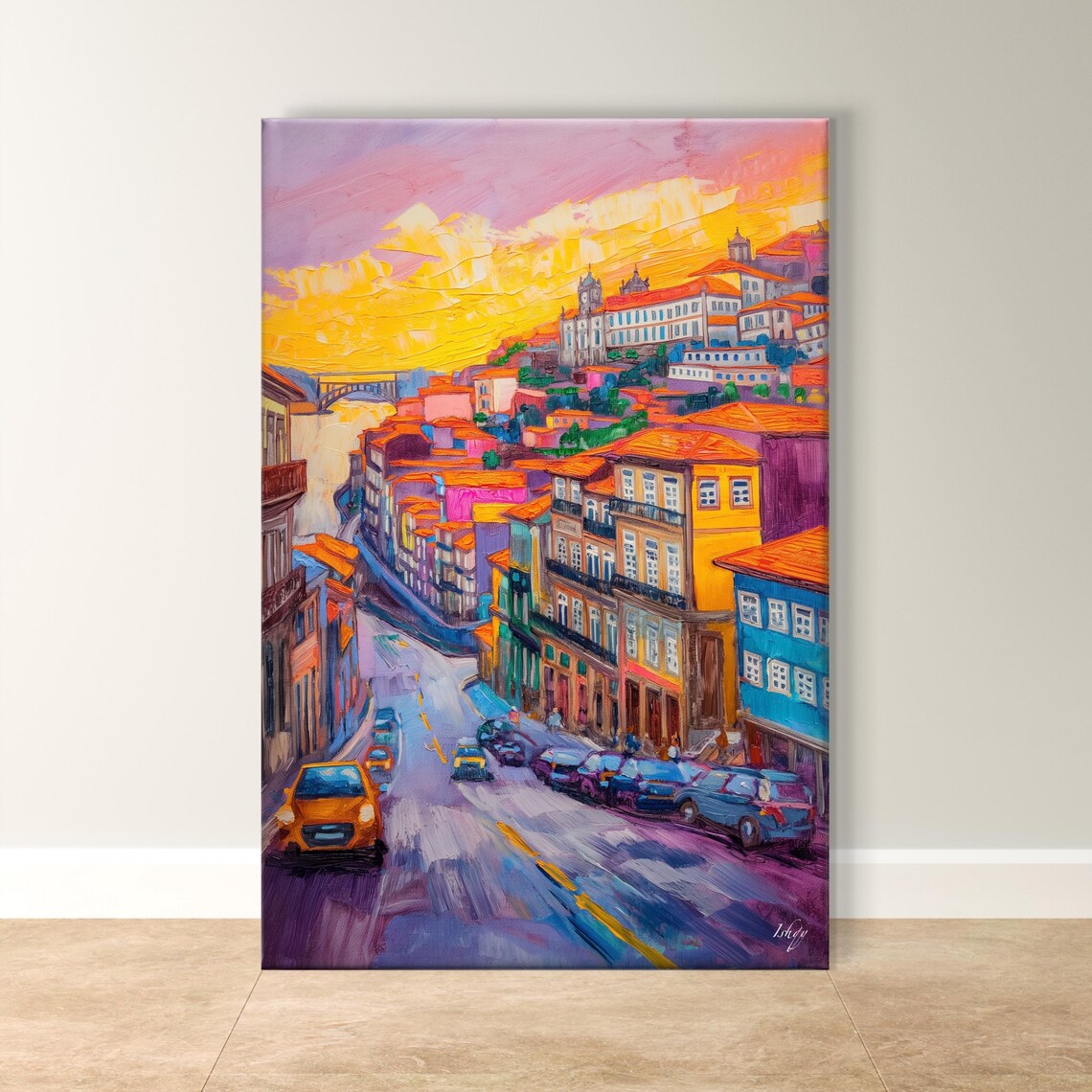 Porto Portugal Sunset Street with Hillside Houses Art Poster