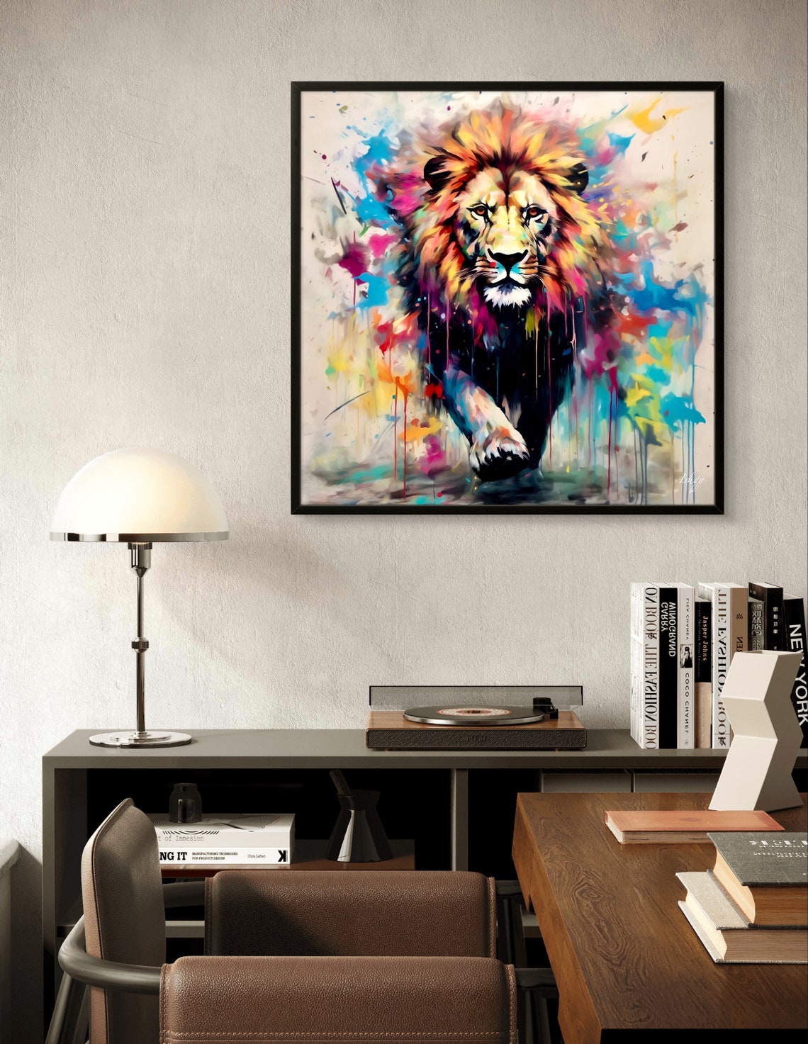 Lion Walking Forward in Vibrant Watercolor Splash Artwork Style Poster - Image 3