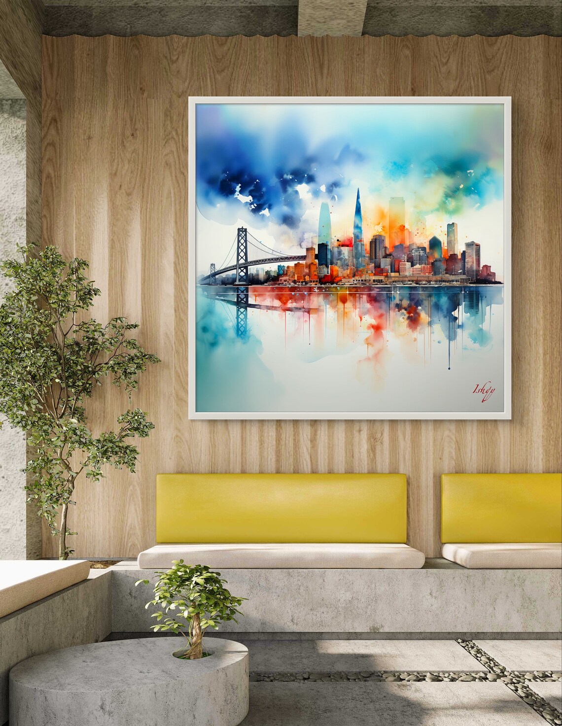 San Francisco Skyline Watercolor with Bay Bridge Reflection Poster - Image 4