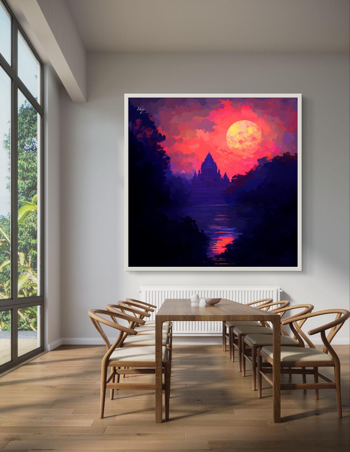 Ancient Temple Silhouette Beneath a Giant Pink Moon Night Poster - Image 2