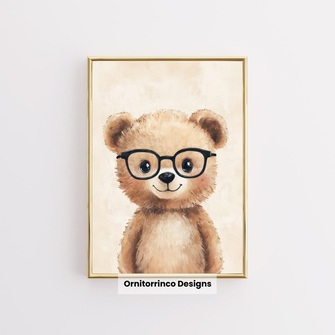 Cute Bear Wearing Glasses Watercolor Nursery Kids Room Wall Art - Image 3