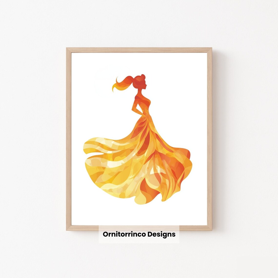 Fiery Orange Princess Gown Silhouette Geometric Mosaic Dress Poster - Image 2
