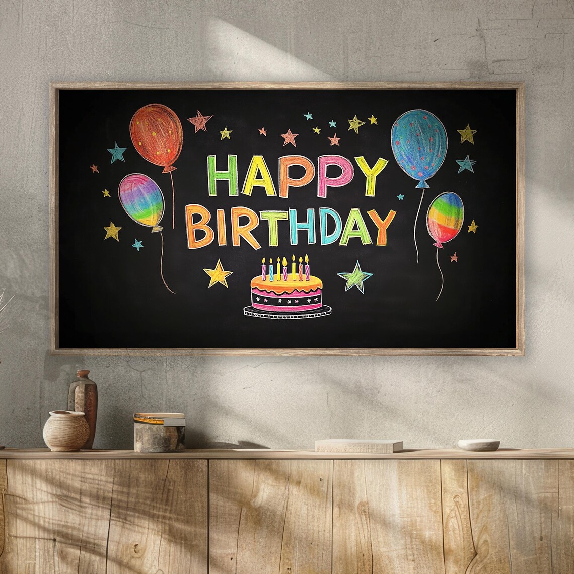 Happy Birthday Chalkboard Balloons Cake Party Kids Room Wall Art Print - Image 2