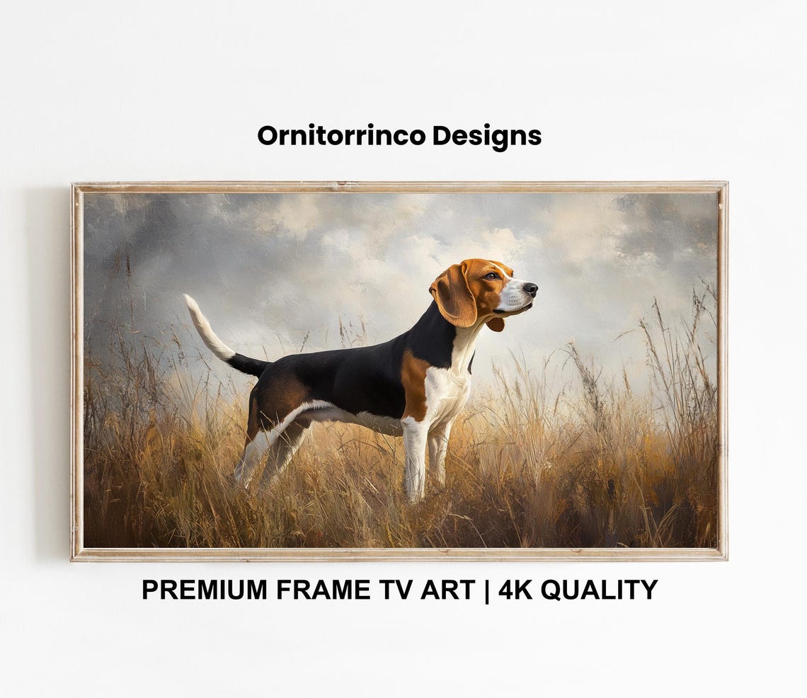 Beagle Dog Standing Golden Field Grass Oil Painting Hunting Wall Art - Image 3