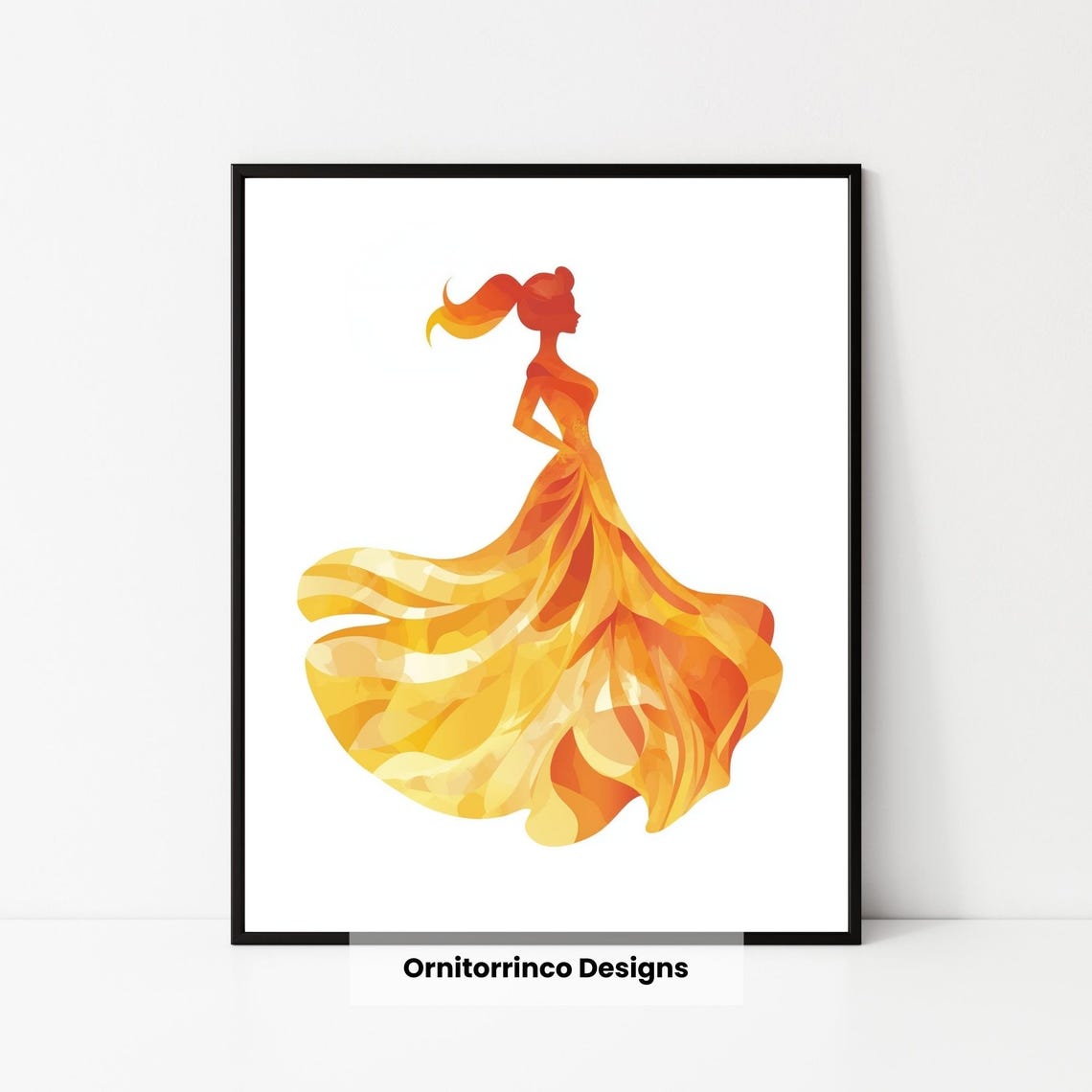 Fiery Orange Princess Gown Silhouette Geometric Mosaic Dress Poster - Image 3
