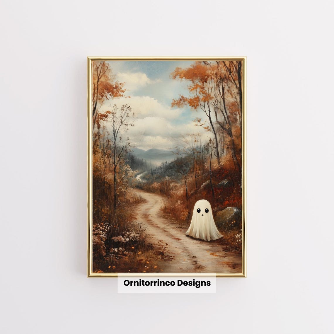 Cute Ghost Autumn Forest Path Fall Leaves Spooky Halloween Wall Art