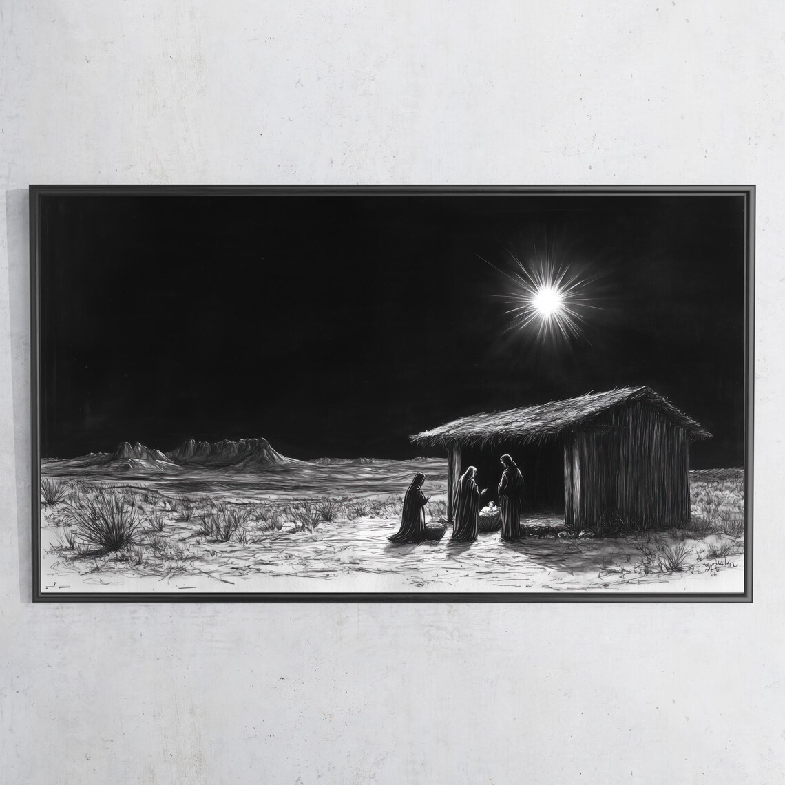 Nativity Scene Manger Star Black and White Christmas Night Sketch Art Poster - Image 2