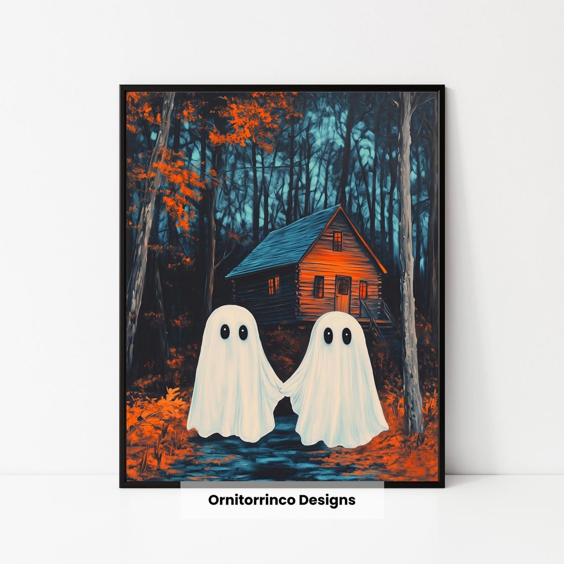 Cute Ghosts Holding Hands Cabin Autumn Night Halloween Wall Art - Image 3
