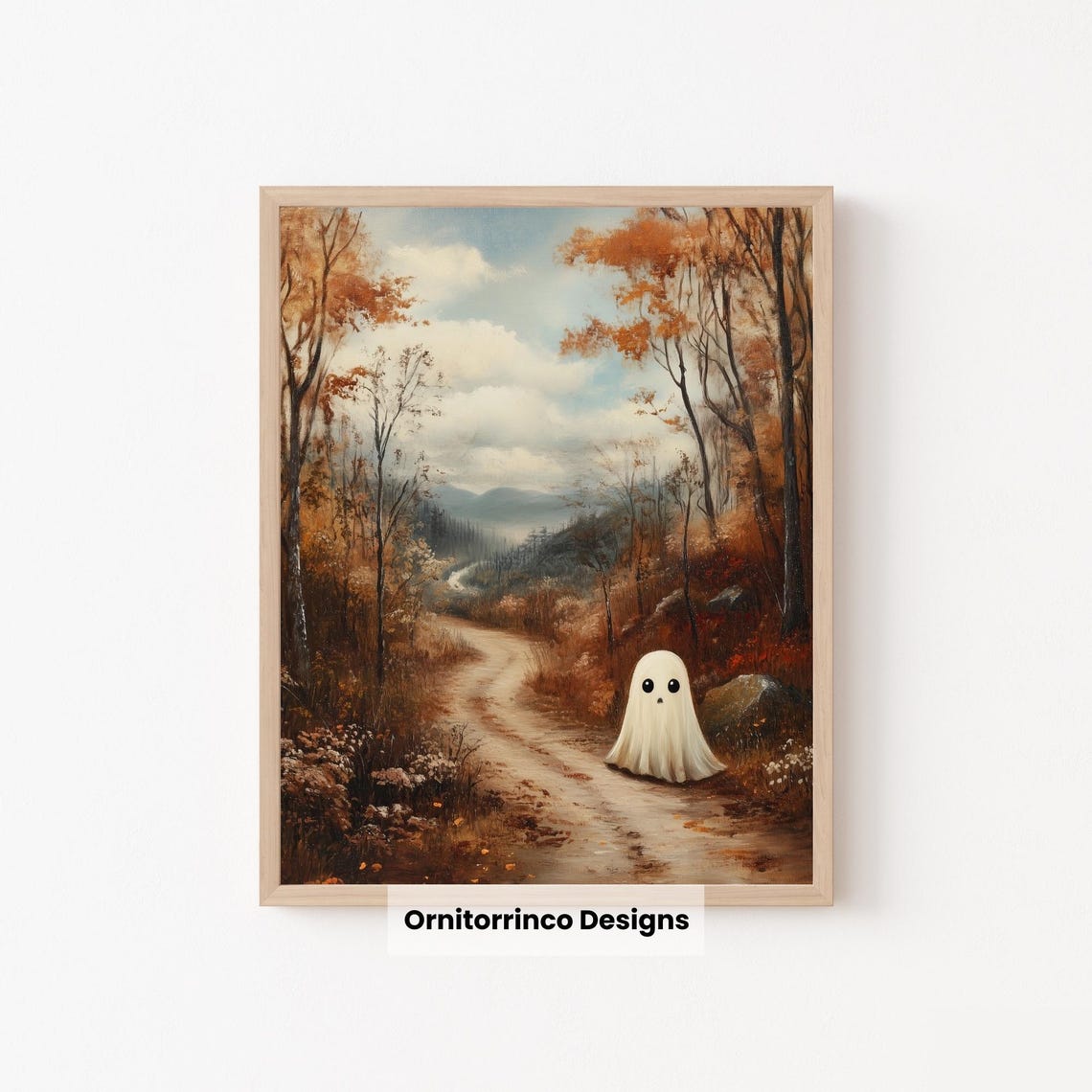 Cute Ghost Autumn Forest Path Fall Leaves Spooky Halloween Wall Art - Image 2