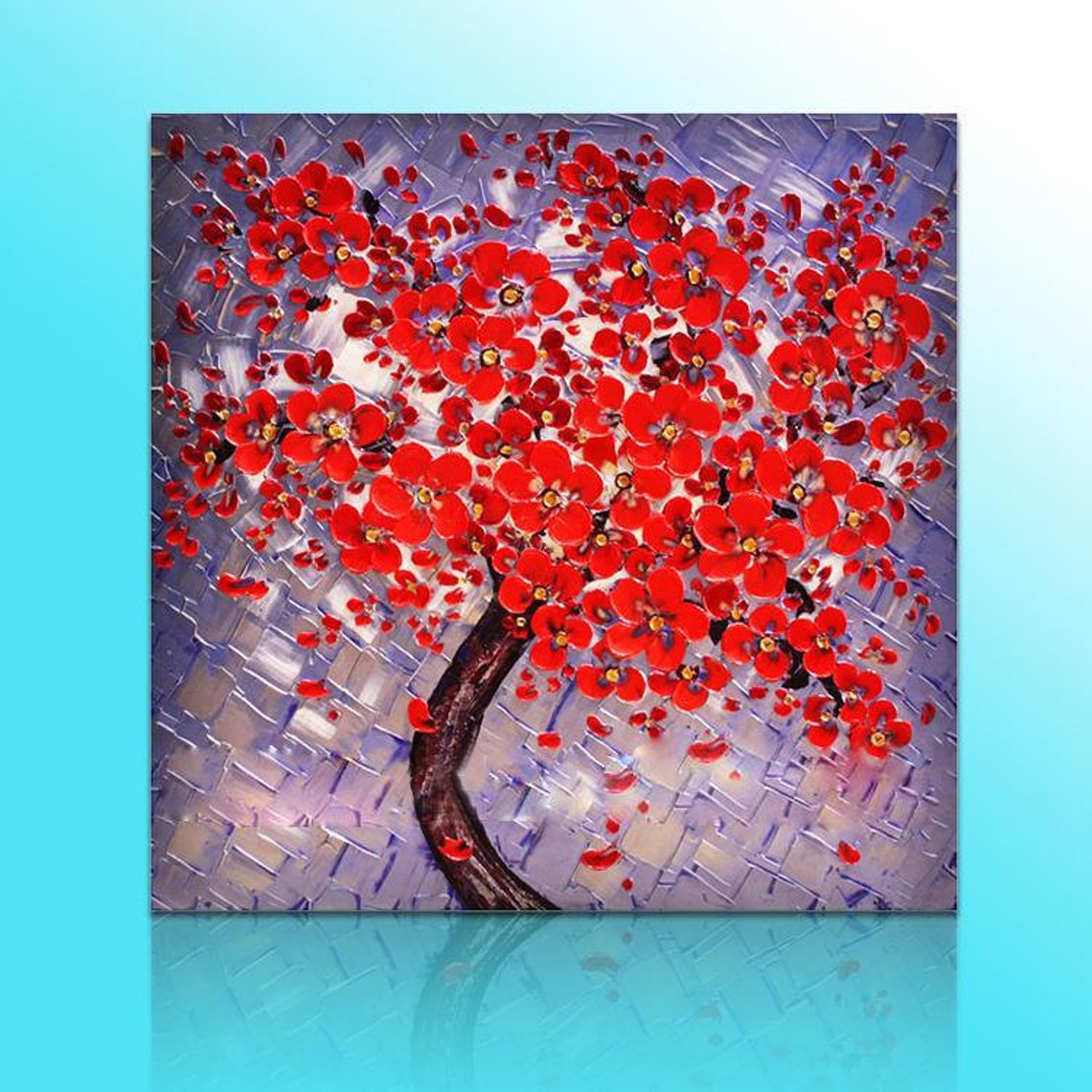 Red Cherry Blossom Tree On Lavender Textured Canvas Oil Poster