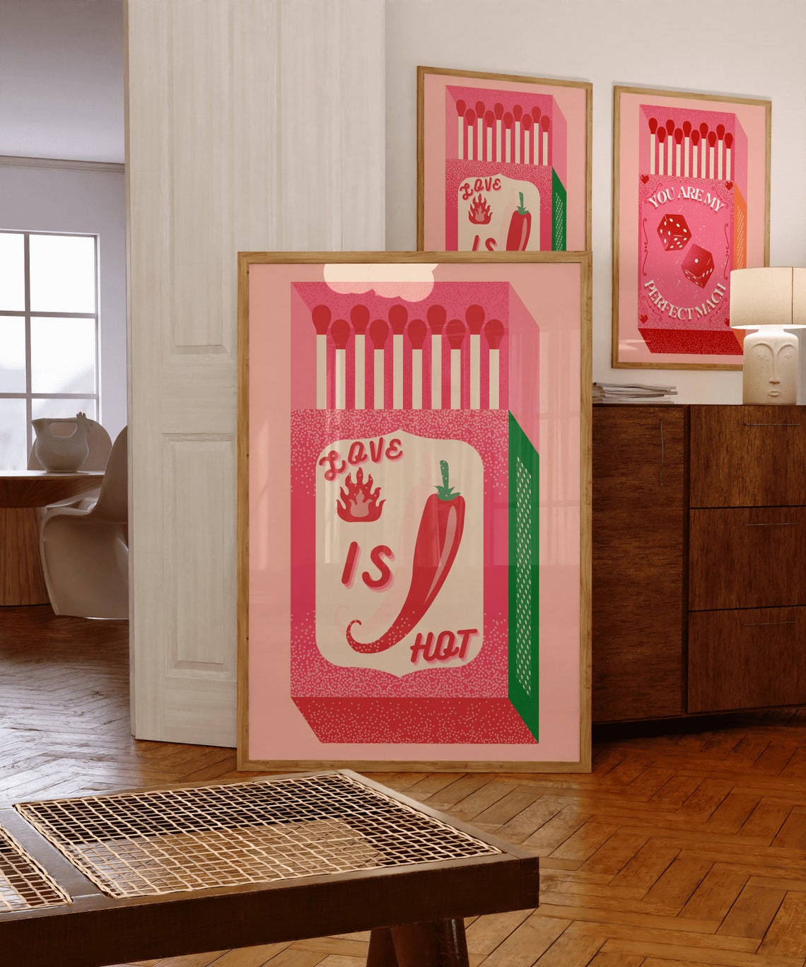 Love Is Hot Pink Retro Chili Pepper Matchbox Kitchen Wall Poster