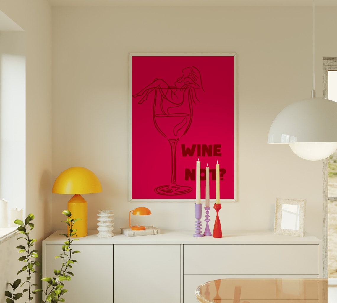 Wine Not Hot Pink Giant Wine Glass Line Art Funny Kitchen Poster - Image 2