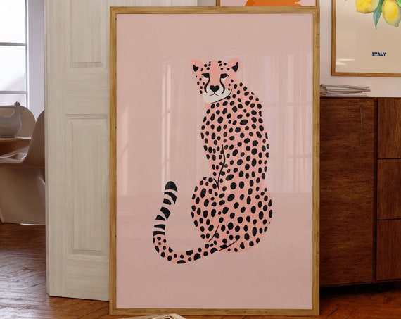 Pink Cheetah Illustration Poster for Trendy Maximalist Decor