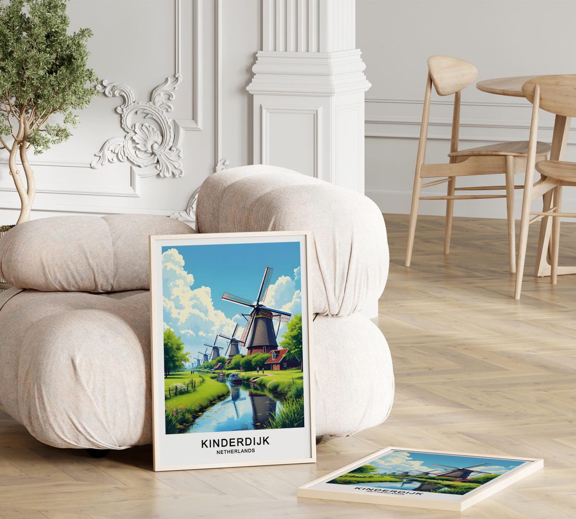 Kinderdijk Netherlands Travel Poster Iconic Windmills And Scenic Landscape Wall Art Poster For Gift - Image 2