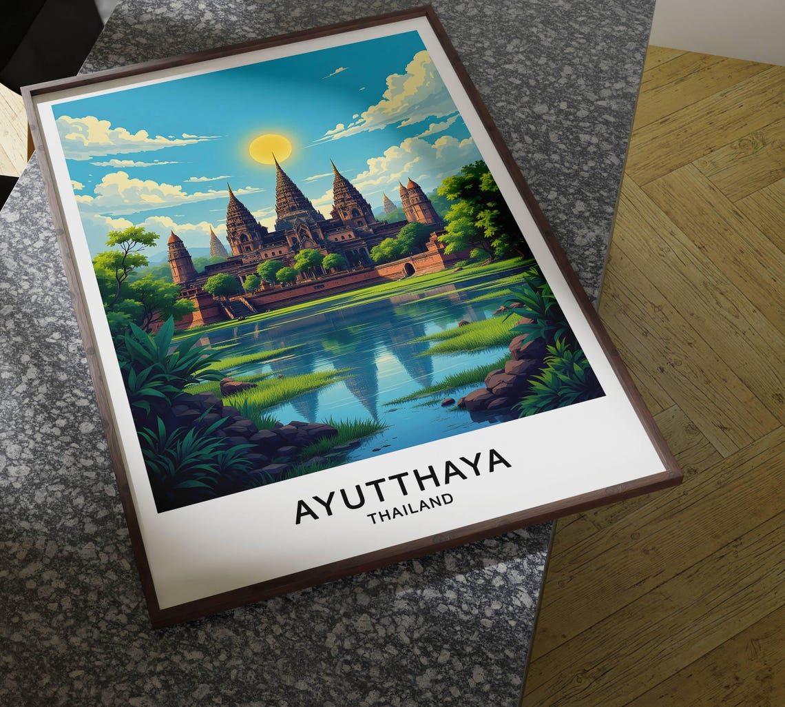 Ayutthaya Thailand Ancient Temple Spires Still Water Reflection Poster - Image 4
