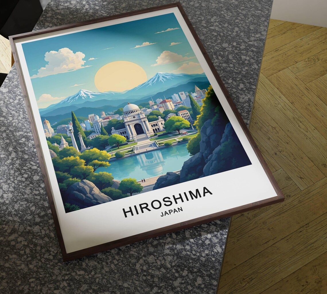 Hiroshima Japan Retro Cityscape River Reflection Golden Sun Poster - Image 4