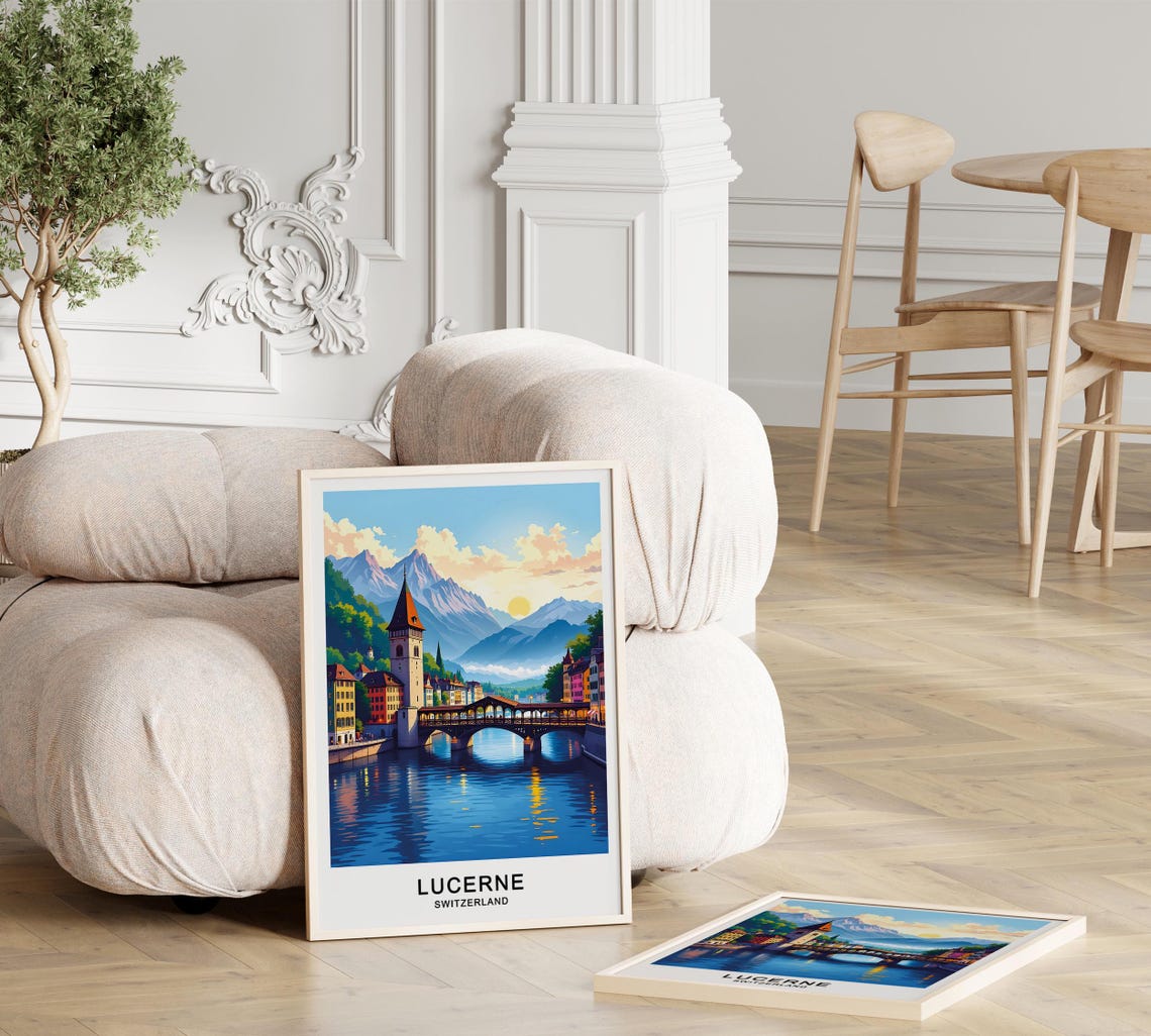 Lucerne Switzerland Travel Poster Chapel Bridge Lake Lucerne And Majestic Alpine Views Wall Art - Image 3