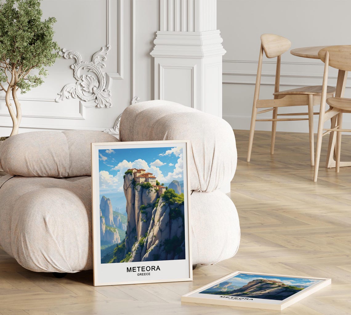 Meteora Greece Monastery Atop Towering Rock Pillars Sky Poster - Image 3