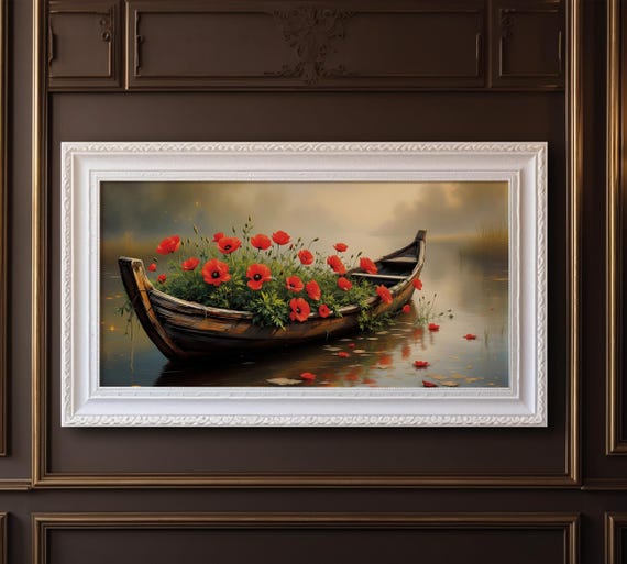 Rustic Boat With Red Poppies Tv Art Oil Painting Nature Scene Perfect Home Decor Gift Portrait