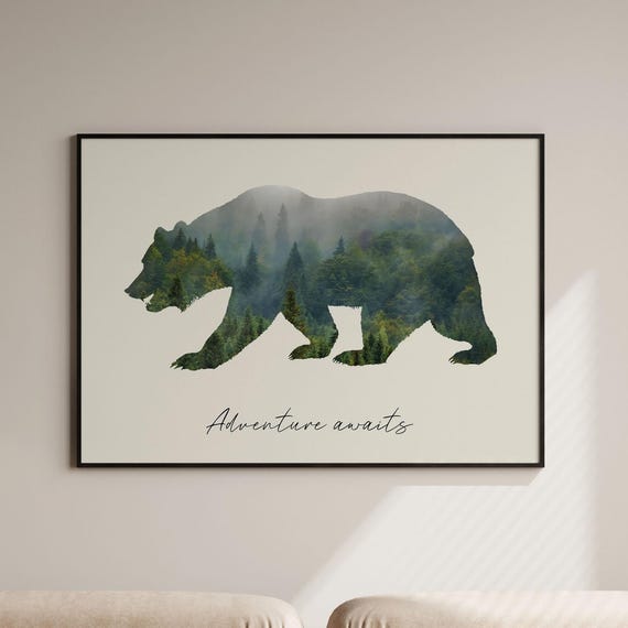 Adventure Awaits Poster Bear Forest Wall Art Decor Nursery Living Room