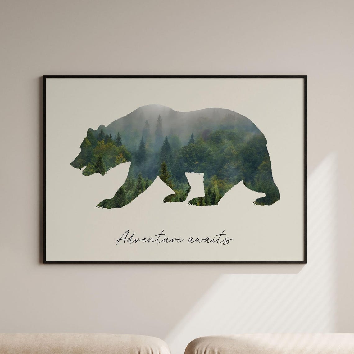 Adventure Awaits Poster Bear Forest Wall Art Decor Nursery Living Room