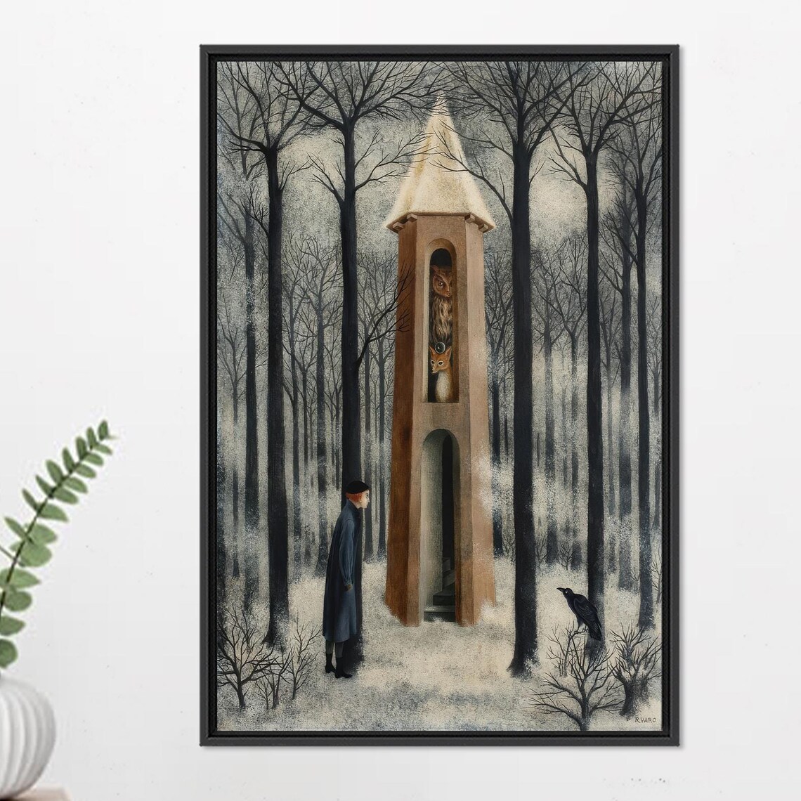 Crow Art Print, Snowy Forest Christmas Decor