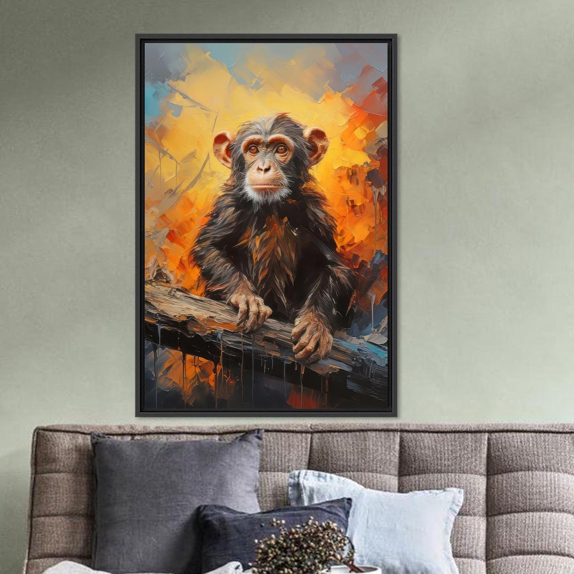 Orange Canvas Art Abstract Monkey Wall Decor Animal Artwork Baby Personalized Wedding Gift For Couple