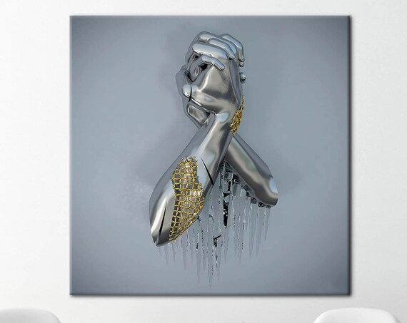 Chrome Hands Clasped With Gold Honeycomb Modern Sculpture Poster